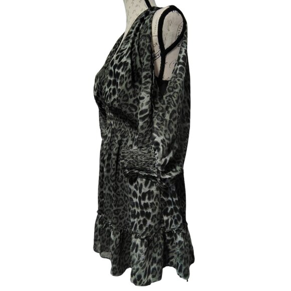 Leopard Print Mini Dress Medium Open Back Ruffle Mob Wife Witchy Indie Sleeze - Picture 4 of 7